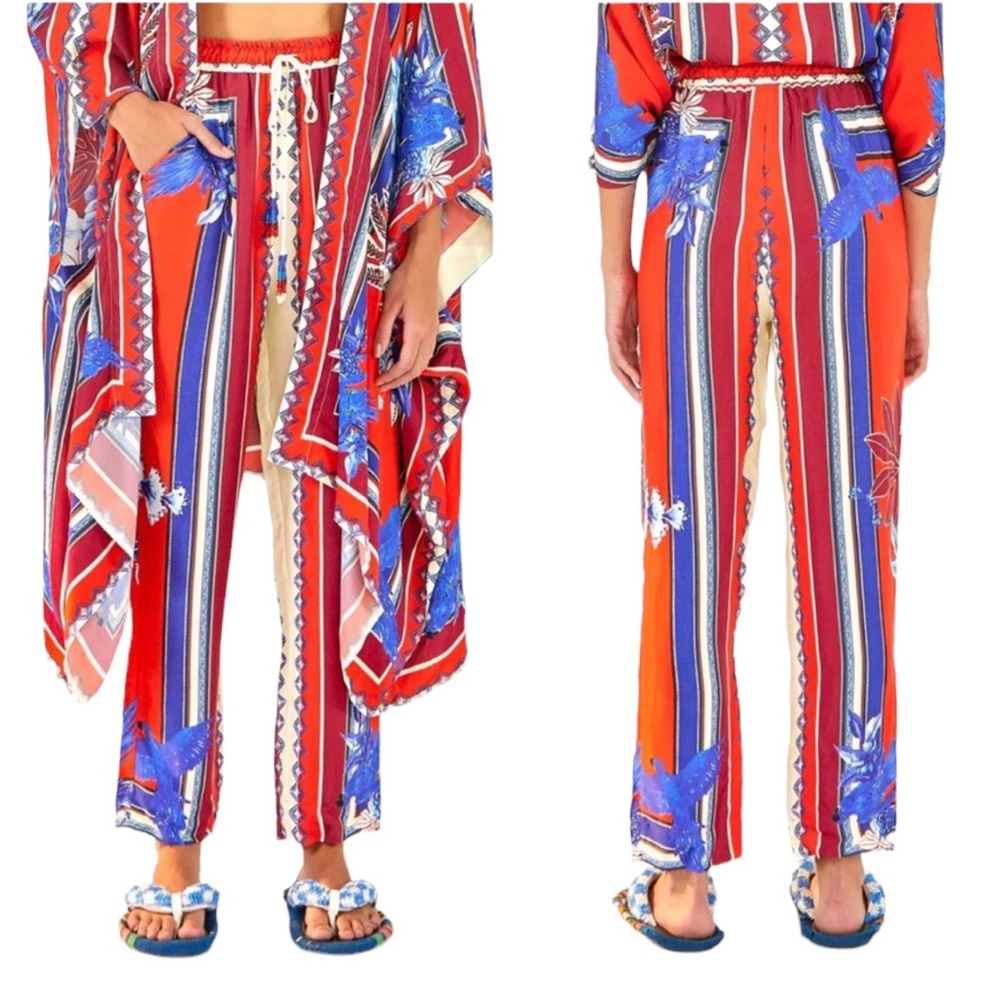 Farm Rio Macaw Stripe Pants Size XL Bird Floral Red Pockets Beaded Drawstring